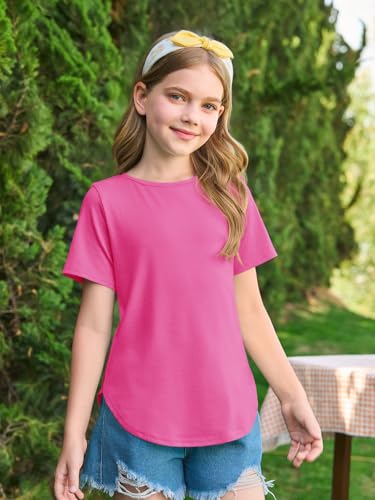 Image of Haloumoning Girls Summer Short Sleeve Shirt Kids Crewneck Curve Hem Soft Tunic Tops T-Shirts 5-14 Years