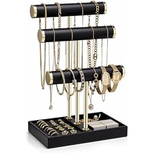 Vlando 3 Tier Bracelet Holder Organizer with Tray - Leather Jewelry Stand Organizer for Women - Jewelry Holder Display for Necklace, Watches, Rings, Earrings, Bangle, Scrunchie - Black C.Bla