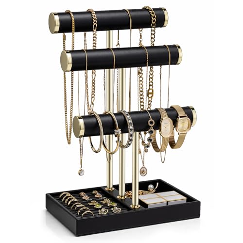 Vlando 3 Tier Bracelet Holder Organizer with Tray - Leather Jewelry Stand Organizer for Women - Jewelry Holder Display for Necklace, Watches, Rings, Earrings, Bangle, Scrunchie - Black C.Bla