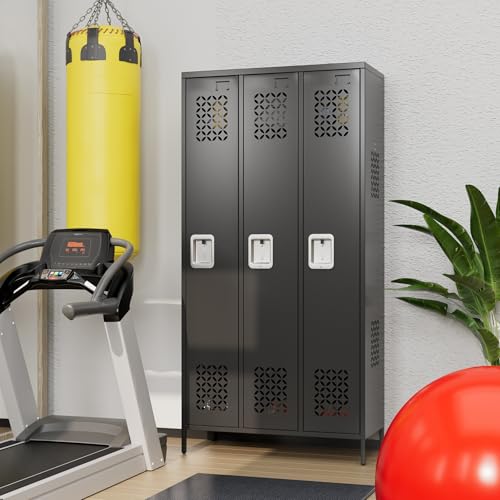 Image of Aobabo Upgrade Metal Storage Locker for Employees, 3 Doors Steel Storage Locker with Air Hole for Office Gym School, Industrial Storage with Hooks, Black, Assembly Required