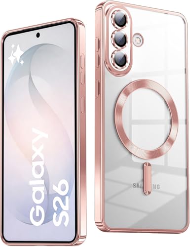 Image of VONZEE Clear Logo Electroplating Transparent Case for Samsung Galaxy S26 5G, Magnetic Plating [Support for MagSafe Charger] Electroplate TPU Cover- Rose Gold