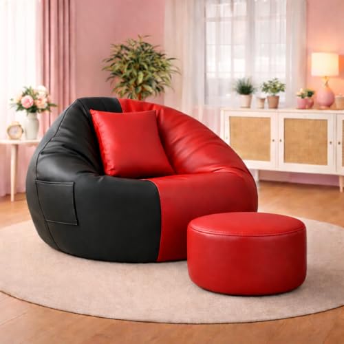 Image of 4XL Tear Drop Bean Bag with Footrest & Cushion | Premium Leatherette Bean Bag Cover | XXXXL Lounger Chair for Living Room | Without Beans | Upto 150 Kg (Red::Black, XXXXL)