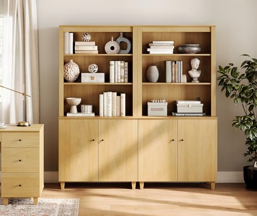Image of WAMPAT 71 inch Tall Bookcase with Doors & Storage Cabinet, 2 Column Modern 5-Tier Bookshelf with Adjustable Shelf, 71 inch Wide Wooden Display Book Shelf for Home Office, Living Room, Bedroom, Oak