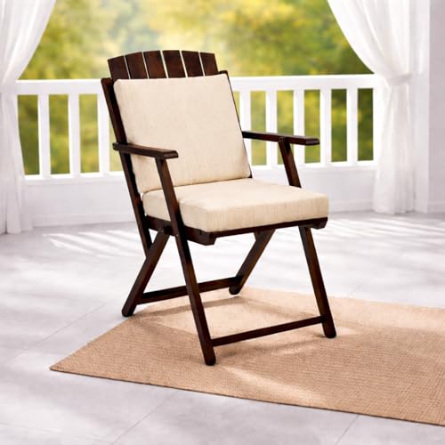 Image of WELL KNOWN Foldable Wooden Outdoor Chair with Cushioned Seat & Backrest - Patio Garden Armchair with Cream Paisley Fabric, Walnut Finish, Solid Wood, 34 Inch Height