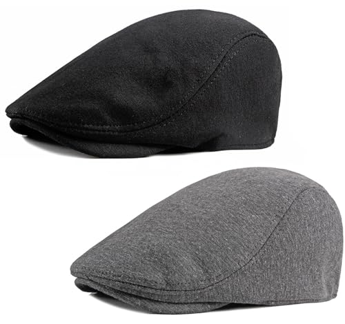 DIYDECAL 2 Pack Mens Flat Cap Ivy Gatsby Newsboy Driving Hat Black+Dark Grey