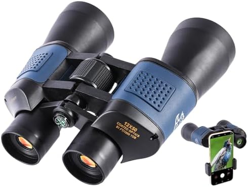 12x50 High Powered Binoculars - HD Low Light Vision for Bird Watching/Hunting/Cruise, Waterproof with Compass & Phone Adapter