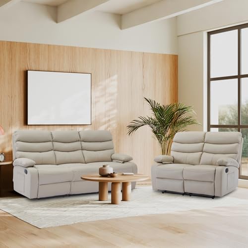 GNMLP2020 Recliner Sofa Set Leather Couch with Side Pockets and Reclining Couch Seats for Living Room, Home Theater(3 Seat+Loveseat, Beige)