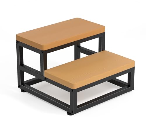 Tritthocker Holz 2-stufig mit Anti-Rutsch-Oberfläche, Klohocker mit Wasserfest Stabil 500lbs Tragkraft, Holztritt mit Verstellbare Füße Abgerundete Ecken für Küche/Bad/Schlafzimmer