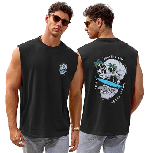 VOGSTART Mens Trendy Casual Cut Off Shirts Soft Cool Tank Top Loose Fit Baggy Relaxed Tropical Graphic Summer Classic Lightweight Breathable Sleeveless Tshirts Black - Skull L