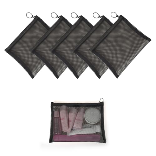 Image of Patu Zipper Mesh Bags, Size L / A5, 5 Pieces, Beauty Makeup Cosmetic Accessories Organizer, Travel Toiletry Kit Set Storage Pouch, Black