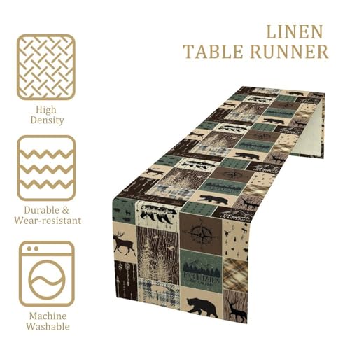 Image of Country Rustic Farmhouse Deer Table Runner Tabletop Cover Vintage Cabin Bear Mountain Hunting Wild Animal Plaid Checkered Printed for Kitchen Dining Room 13x72 Inch
