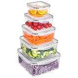 5pc Food Storage Containers with Lids, Airtight Leakproof BPA Free Plastic Meal Prep Boxes, Stackable Nesting Kitchen Containers, Reusable Freezer Dishwasher Safe for Snacks, Fruit & Leftovers