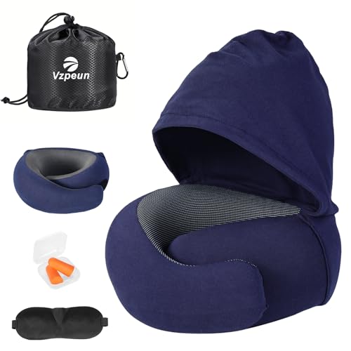 Image of Travel Pillow - Hooded Neck Pillow Airplane Memory Foam Filling for Plane, Office, Cars Sleeping, Road Trip, Long Flights, Airplane Travel Essentials, Includes Eye Mask & Earplugs (Navy)