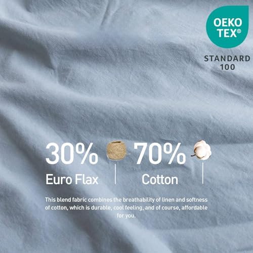 Simple&Opulence Belgian Linen Sheet Set Solid Color - 6 Pieces (1 Flat Sheet & 1 Fitted Sheet & 4 Pillowcases) 16" Deep Pocket Natural Flax Cotton Blended Soft Bedding - Dusty Blue, Queen Size - Thumbnail 5