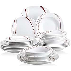 VEWEET ‘Bonnie’ 24-delige dinerset ivoor wit bruine lijnen China combinatie sets porselein servies set kommen dessertborden soepplaten dinerborden service voor 6