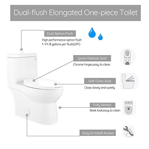 Horow Hr-Lt0037W Elongated One Piece Toilet For Bathroom, Powerful & Quiet Dual Flush Modern Toilet & Soft Closing Seat Include, 12 Rough-In, 27.19"D X 14.63"W X 29.32"H, White #TOP3