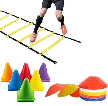 As Sports Agility Training Set: 4 m Ladder with 10 Saucer Cones and 6 Marker Cones - Ideal for Cricket, Football, Running, and More! (Pack of 1)