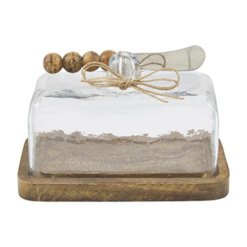 Mud Pie Brown Beaded Wood And Glass Butter Dish, 6.5" X 3.5" #TOP4