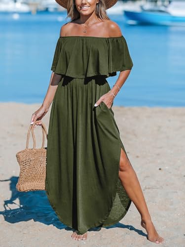 CUPSHE Women's Knit Ruffle Maxi Cover Up Dress Off Shoulder Split Hem Summer Dresses Cover Ups with Pockets4