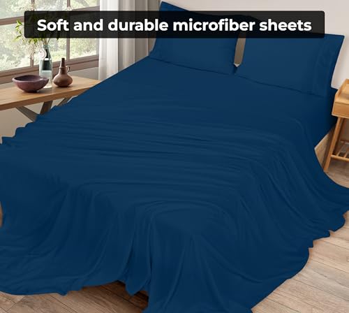 Image of Royale Linens Twin Flat Sheet - Ultra Soft Brushed 1800 Microfiber Flat Sheets Only - Wrinkle Free & Stain Resistant - Hotel Quality Top Sheet for Bed (Twin, Navy)