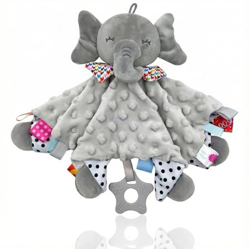 UNMOT Baby Comforters Blanket,Baby Comforters Newborn Soft Touch Tag Blankets Elephant Soft Comforter Baby sleeping toy with Taggies Teether soft elephant security blanket (Grey)