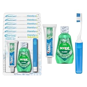 Oral Care 3-Piece Travel Size Set w/Mouthwash, Toothpaste, & Folding Toothbrush (Pack of 6), TSA Approved