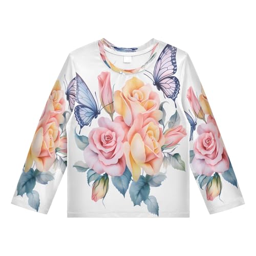 Boys Rash Guard Swim Shirt Long Sleeve UPF+ 50 Sun Shirts Quick Dry Shirt Butterfly Yellow Pink Floral for Toddler Kids