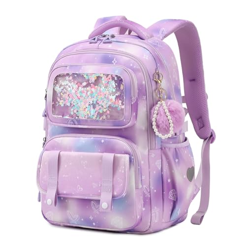 Sisipoet Sac à Dos Enfant Fille, Cartable Fille Primaire, Sac a Dos Galactique à Paillettes, Sacs à Dos Loisir Imperméable et respirant avec Pompon pour...