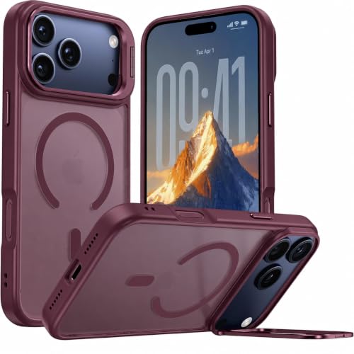 Image of Elzzi Kickstand Case for iPhone 17 Pro Max Case Compatible with MagSafe, Built-in Adjustable Camera Guard Stand, Translucent Matte Anti-Fingerprint Heavy Duty Shockproof Phone Cover - Cherry