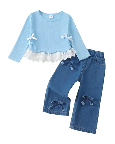 Image of Kucnuzki Toddler Baby Girl Clothes Long sleeve Fall Winter Shirt Tops Baggy Jeans Pants Set Kids Girls Outfits 2 Piece