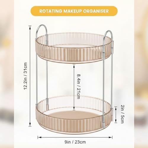 Image of JD FRESH 360 Degree Rotating Makeup Organizer 2 Layer Cosmetic Storage Box Vanity Stand with Drawers for Lipsticks Skincare Perfume Bathroom Countertop Dressing Table Organizer (Light Gold)