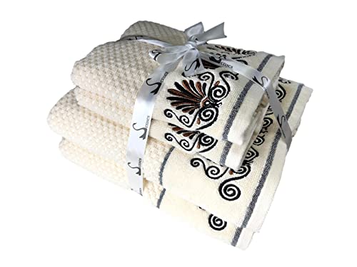 Image of SENSES By Riba Cotton Embroidered Towel Set, 550 GSM Soft & Absorbent, Antimicrobial, Oeko-Tex Certified | Ideal for Home & Gifting, Pack of 4 (2 Bath 27 inchX50 inch + 2 Hand Towels 16 inchX26 inch) - Style 10