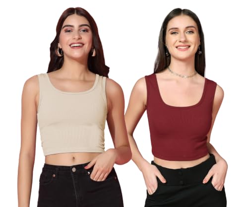 Image of TOPLOT Women's Solid Ribbed Round Neck Sleeveless Slim Fit Tank Top (5069)