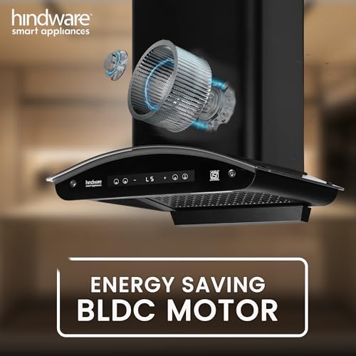 Image of Hindware Smart Appliances | Alexio Plus BLDC 60 cm Chimney | 1450 CMH | Curved Glass | Filterless | Auto Clean | Touch Control, Motion Sensor | 12 Yrs Warranty on Motor & 3 Yrs on Product (Black)
