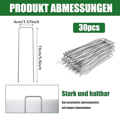 Bodenanker, 30 Stück Länge 15 cm Robuste U-förmige Gartenstecker, Galvanised Steel Ground Anchors zum Befestigen von Jähtüchern, Zelt, Zäune, Kunstrasen (1.57 * 5.9in) (4 * 15cm)