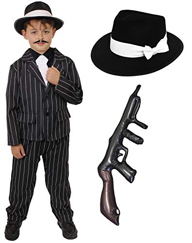 Déguisement de gangster des années 1920 pour enfant - Costume à rayures noires + cravate blanche + chapeau noir + pistolet gonflable - Pour garçons (7-9 ans)