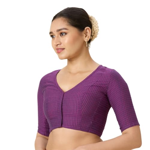 Image of Studio Shringaar Women Cotton Half Sleeve Madras Checks Saree Blouse with Stretchable Sides