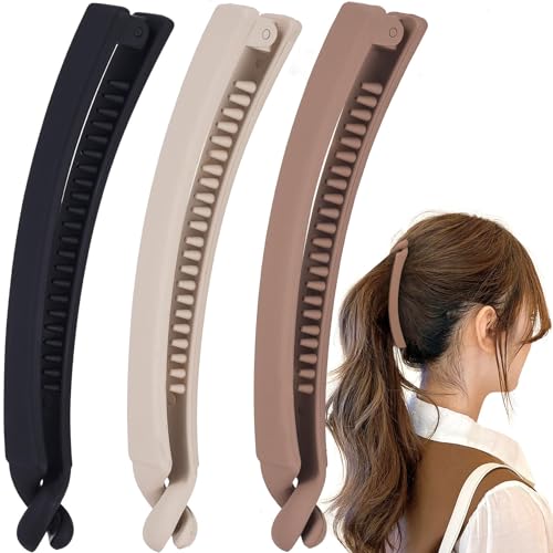 Image of DIANZHU 3pcs French Banana Clips, Non-Slip Classic Large Hairstyle Claws, Fish Shaped Double Combs Hair Holder for Women Curly Straight Long Thick Thin Hair- Beige & Light Coffee & Black