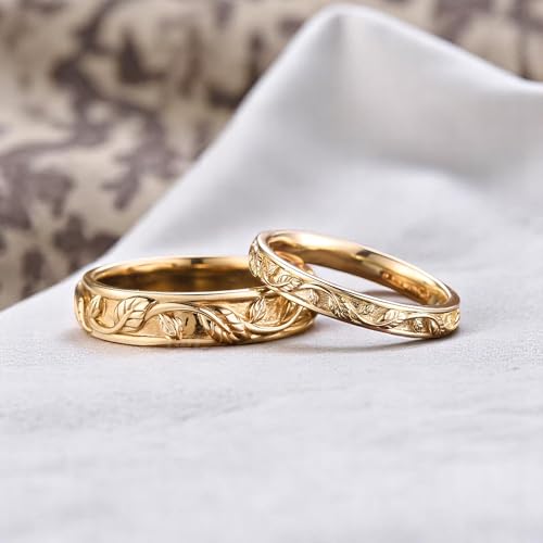 Leaf Design Couple Rings Set, 2-Piece His & Hers Wedding Bands in Solid Yellow Gold, Natural Leaf Engagement Ring Set for Women and Men, Matching Bridal Jewelry Gift4
