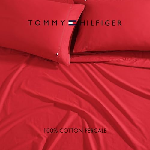 Image of Tommy Hilfiger - Sheet Set, Cotton Percale Bedding with Matching Pillowcases, Crisp & Cool, Solid Home Essentials (Red, Full)