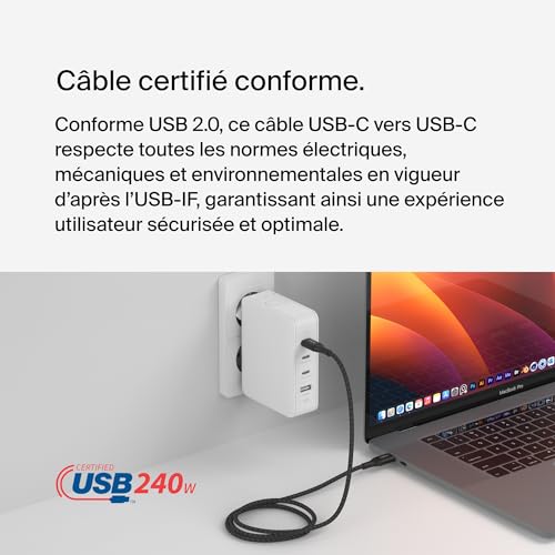 Belkin BoostCharge câble USB-C vers USB-C, charge rapide avec technologie Power Delivery 240 W, certification USB-IF, pour iPhone 16, 15, MacBook Pro, Chromebook, Samsung Galaxy, iPad, etc., 1 m, noir