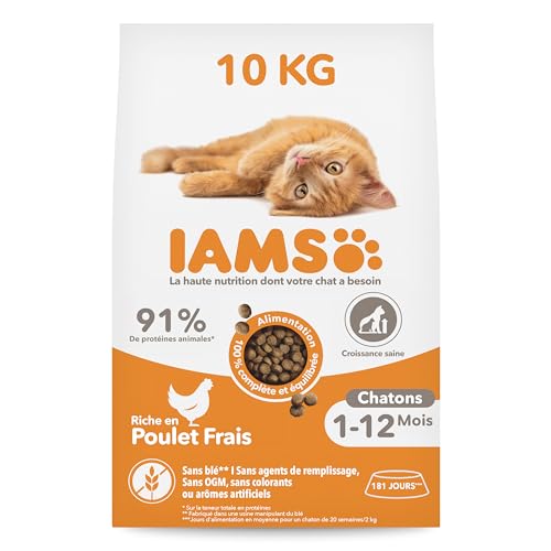 IAMS Vitality - Croquettes Super Premium Chatons - savoureuses complètes équilibrées - Favorise Croissance et Vitalité - Au Poulet Frais – sans OGM Colorant arôme Artificiel - Sac refermable de 10 kg
