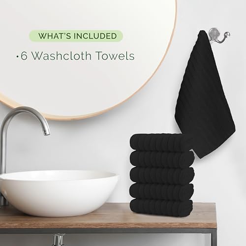 Image of Elegant Comfort 100% Turkish Cotton Corduroy Ribbed Luxury Washcloths 6 Pack Soft 13 x 13 Inch - Higly Absorbent, Durable, Quick Dry, Spa Premium Hotel Quality for Bathroom or Travel, Black