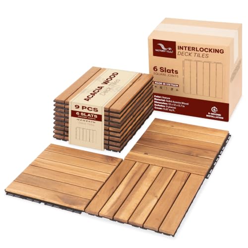 VICTORY RELAX Natural Acacia 12x12 Interlocking Wood Deck Tiles for Balcony, Garden, Patio, Poolside Decor - Waterproof Indoor & Outdoor Flooring - Square Joints (9, Natural, 6 slats)
