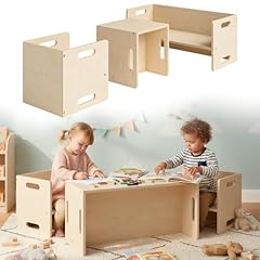 Bellabino Aki Kindersitzgarnitur - Kindermöbel Set 3 teilig - 2in1 Kinderhocker/Beistelltisch aus Holz Natur - Montessori Wendebank Birke - Kindersitzgruppe Indoor - Kindertisch mit Kinderstuhl