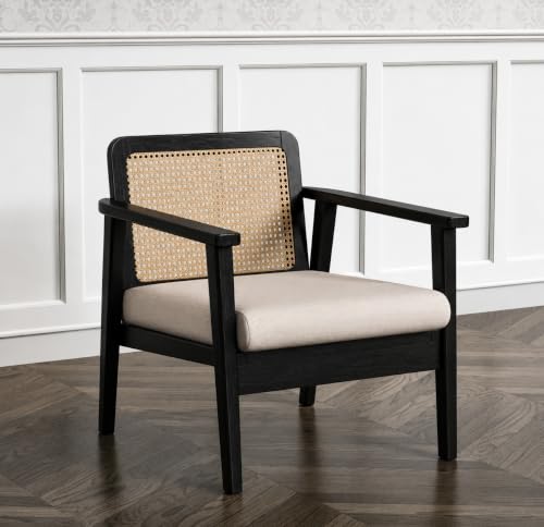 Image of LSGF Mangz Wooden Lounge Chair with Rattan Cane Back | Solid Wood Accent Chair with Cushion | Mid Century Modern Armchair for Living Room, Bedroom & Office (Black)