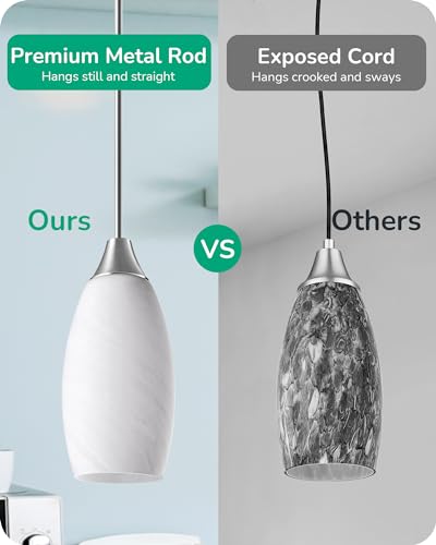 Image of EDISHINE Pendant Light Fixture, Handcrafted Art Glass Hanging Light, Hardwired Ceiling Light, White Marble Glass Shade, Adjustable Brushed Nickel Rods, E26 Base, Pendant Lamp for Kitchen Bathroom Bar