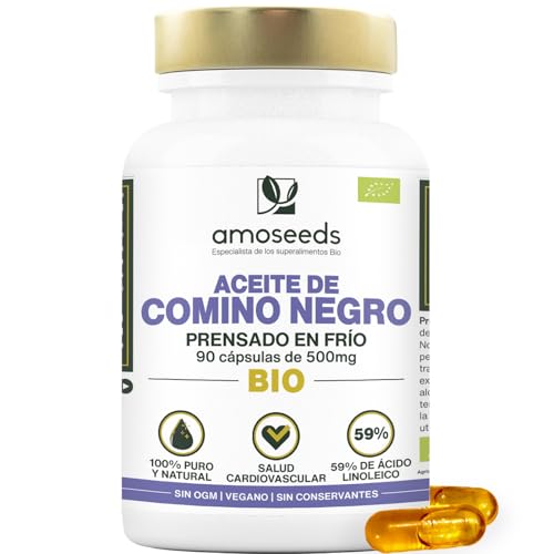 Aceite de Nigella BIO | 1.500 mg de Aceite de Comino Negro puro | Primera presión en frío | 59% de ácido linoleico | 90 cápsulas vegetales, veganas | Primera Calidad