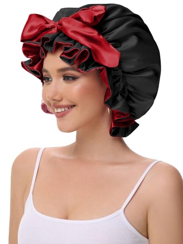 Vettres Hair Bonnet for Sleeping, Satin Silk Shower Cap Women 2026 with Tie Band and Adjustable Straps Head Wrap for Curly Hair Black F — view 5
