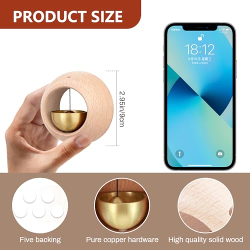 Image of HASTHIP Door Bell with Adhesive Backing, Beech Wooden Brass Round Bell, Decorative Doorbell for Home, Office Ornament and Hanging Decoration for Business Entrance